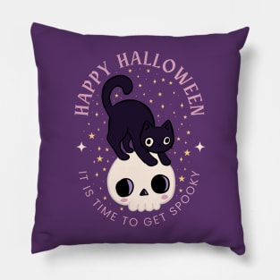 Happy halloween it is time to get spooky a cute cat on a skull Pillow