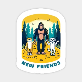 Big Foot Sasquatch becomes friends with a cat and a dog, funny t-shirt for lovers of cats, dogs and the outdoors. Magnet