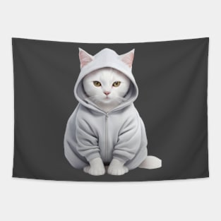 White British shorthair cat wearing hoodie Tapestry