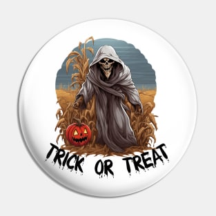 Grim Reaper In A Cornfield - Trick Or Treat (Black Lettering) Pin