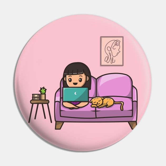 Cute Girl Working On Laptop With Cat Cartoon Pin by Catalyst Labs