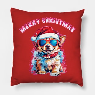 cute dog waring Christmas hat and sunglasses Pillow