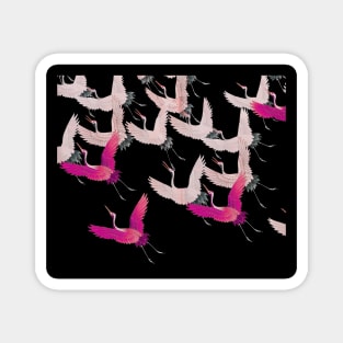 PINK FUCHSIA WHITE FLYING CRANES IN BLACK Japanese Pattern Magnet