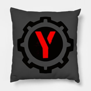 Red Letter Y in a Black Industrial Cog Pillow