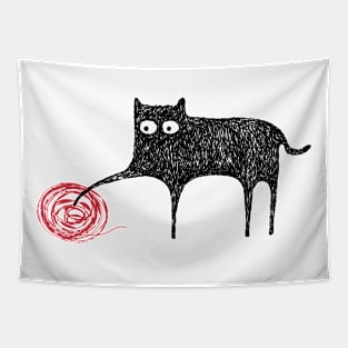 Cute Black Scribble Cat Playing With Ball of Yarn Tapestry