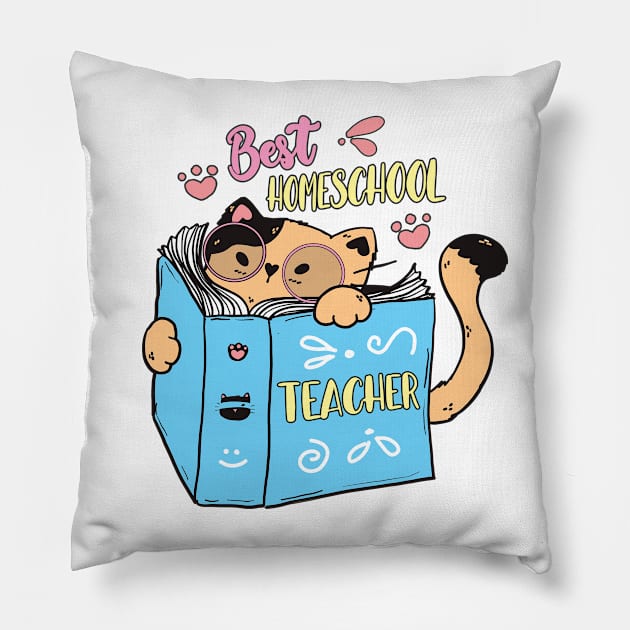 Cute Homeschool Teacher Cat Cartoon Pillow by USProudness