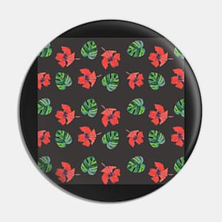 Red Hibiscus and Monstera Pattern with a dark gray background Pin