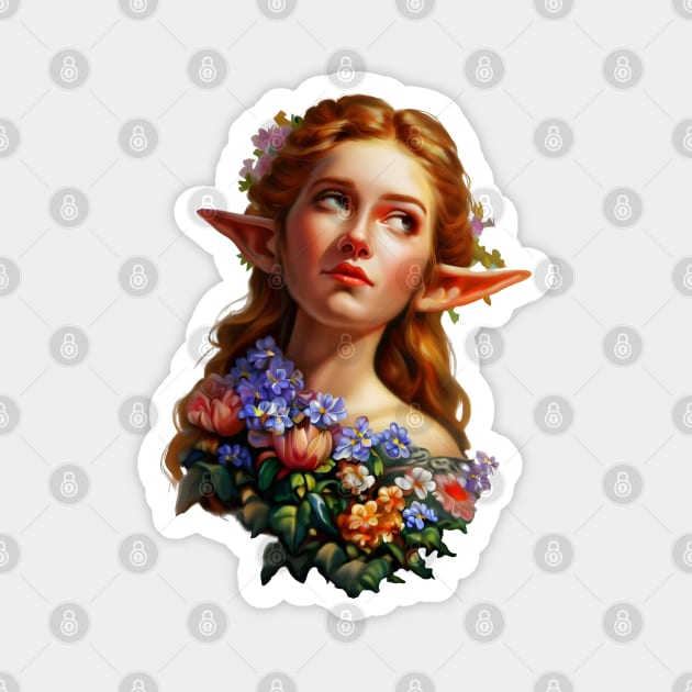 Baroque Elven Girl with Flowers Vintage Kitsch Design Magnet by Ravenglow