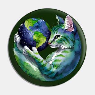 Cat loving Earth-Unique Watercolor Design Pin