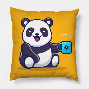 Cute Panda Holding Cup of Coffee Pillow