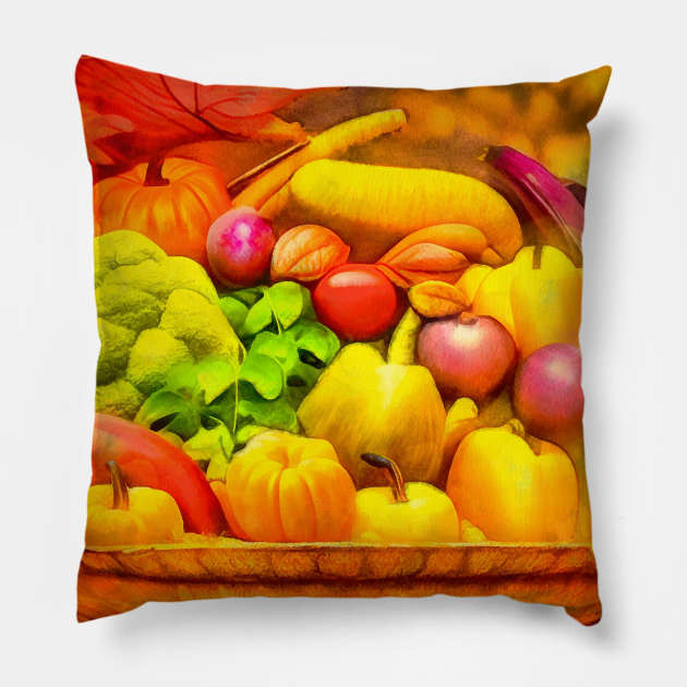 Colorful fruits and vegetables in a basket Pillow by AnnArtshock