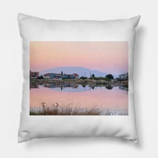 Sunset Mountain Reflection - Alykes Salt Flats, Zante, Zakynthos, Greece Pillow