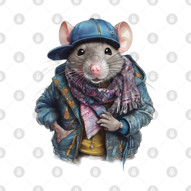 Rat wearing a jacket cap and a scarf by JnS Merch Store