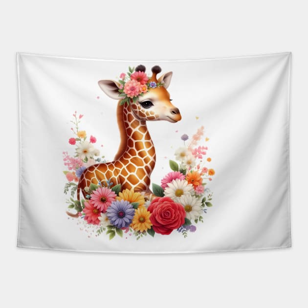 A baby giraffe decorated with beautiful colorful flowers. Tapestry by CreativeSparkzz