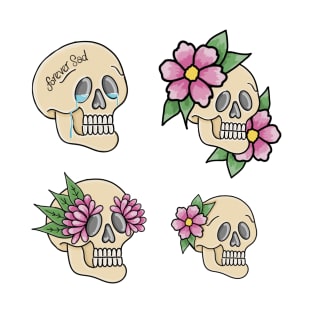 Multiple Skull Designs with Flowers and Tears - white T-Shirt