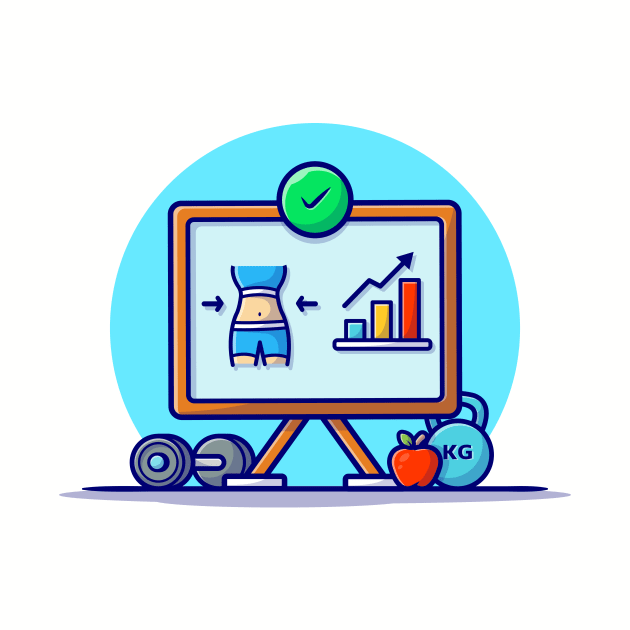 Diet Statistic and Dumbbell, Apple Cartoon Vector Icon Illustration by Catalyst Labs