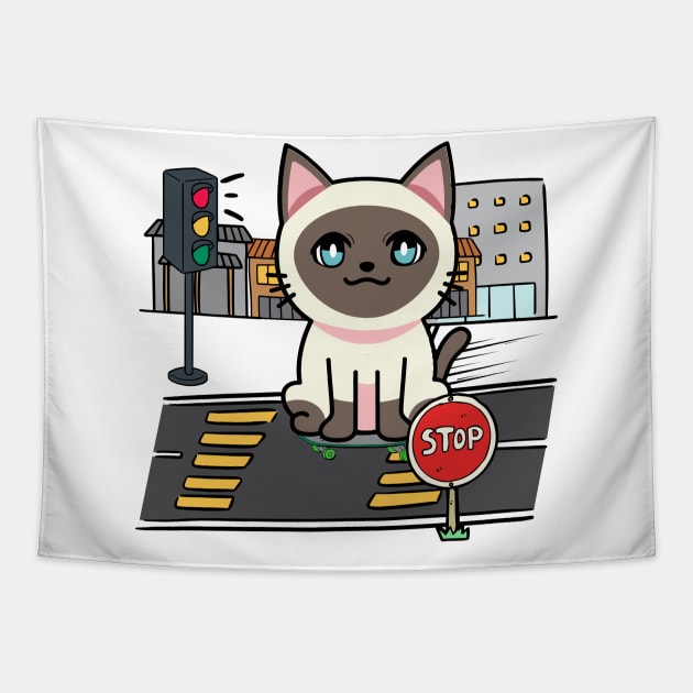 Cute Siamese cat is skate boarding on the street Tapestry by Pet Station