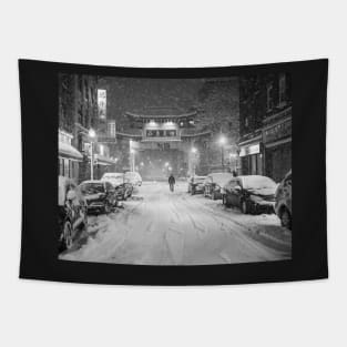 Chinatown Snow storm Boston MA Chinatown Gate Black and White Tapestry