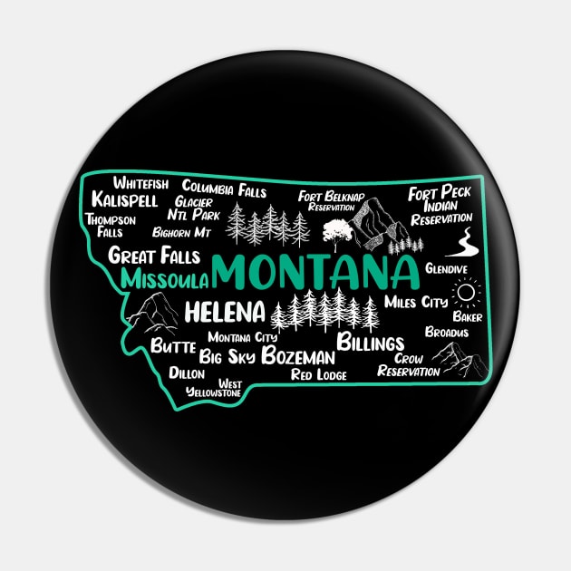 Cute map of Missoula Montana, Helena, Great Falls, Butte, Bozemian, Billings, Kalispell, Big Sky Pin by BoogieCreates