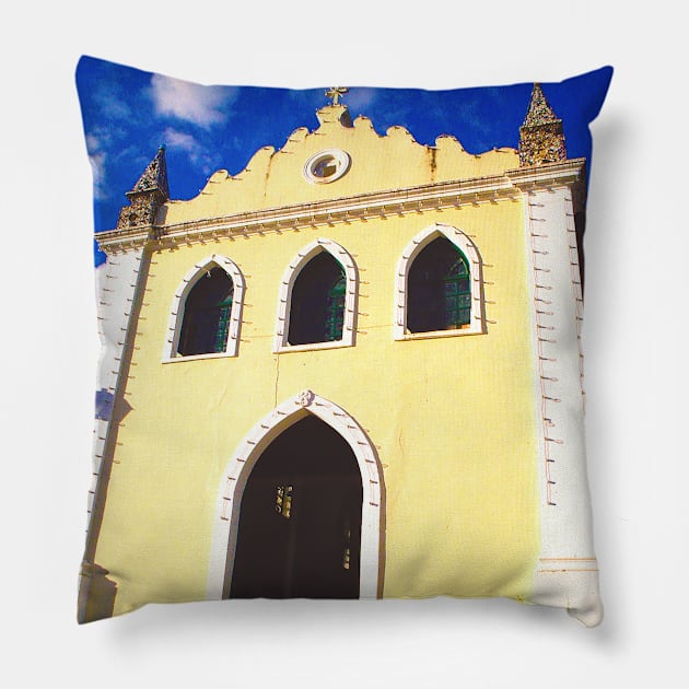 Yellow Church Chapel with lamps on the facade Pillow by Marccelus