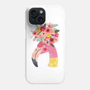 Cute Flamingo in pink and yellow with flowers on head Phone Case