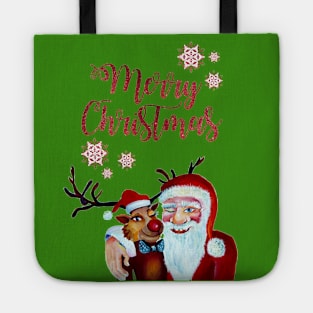 Smiling Santa with Funny Rudolph Watercolor Tote