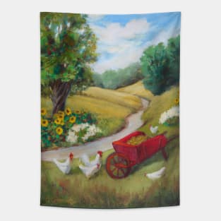 Red Wheelbarrow with Chickens Tapestry