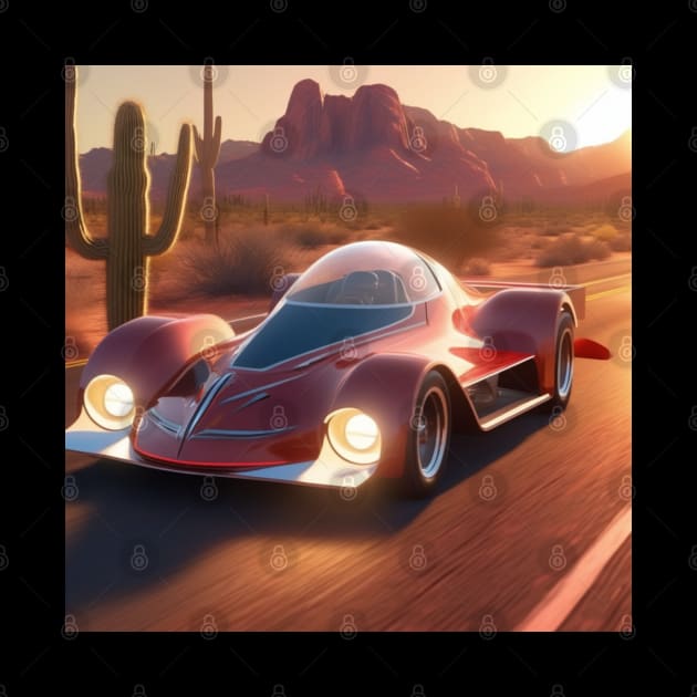 A Retro-Futuristic Racing Car Travelling Through The Arizona Desert At Dusk. by Musical Art By Andrew