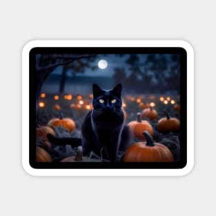 Sleek black cat in a pumpkin patch Magnet