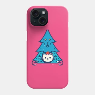 Meowy Catmas - Cute Cat In A Blue Christmas Tree Phone Case