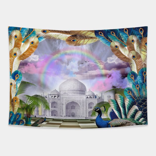 Peacock and Taj Mahal With Rainbow Tapestry by ERArts