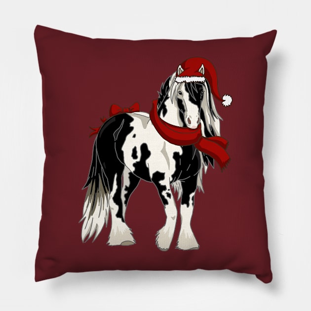 Irish cob horse with Christmas hat and scarf Pillow by The Christmas Lady