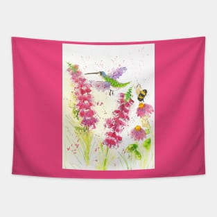 Colourful Hummingbird and a Bumblebee among Pink Flowers Tapestry