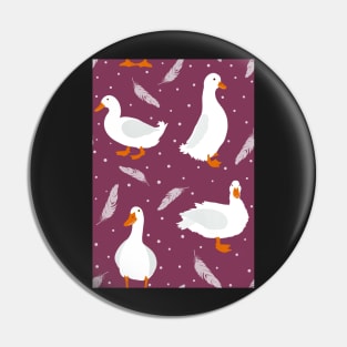 White Pekin Ducks with feathers and dots repeat pattern Pin