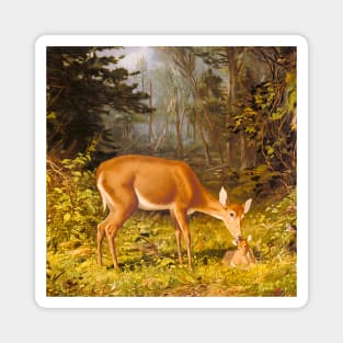 Deer and calf in nature. Colorful, vintage painting Magnet