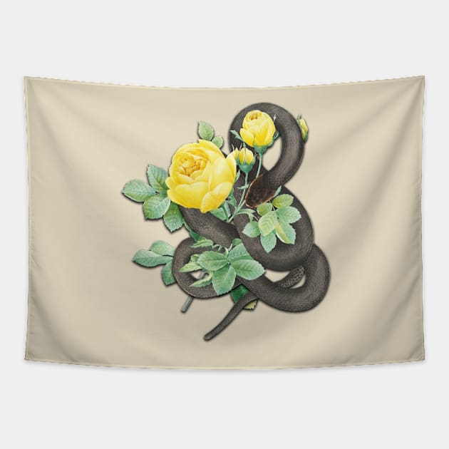 Vintage Black Snake and Yellow Roses Tapestry by chimakingthings