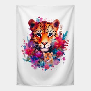 Endangered Amur Leopard and Cub with Floral Aesthetic Tapestry