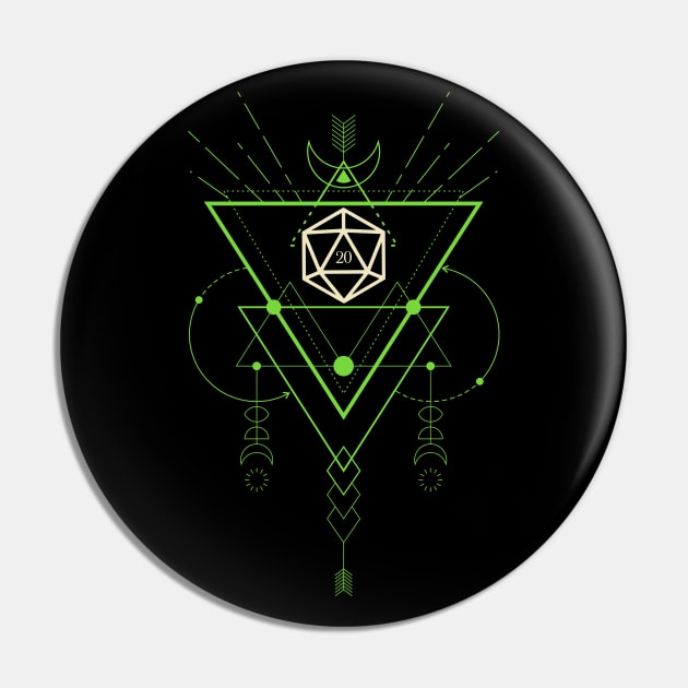 Geometric Esoteric Sacred Symbol Green Polyhedral D20 Dice Pin by pixeptional