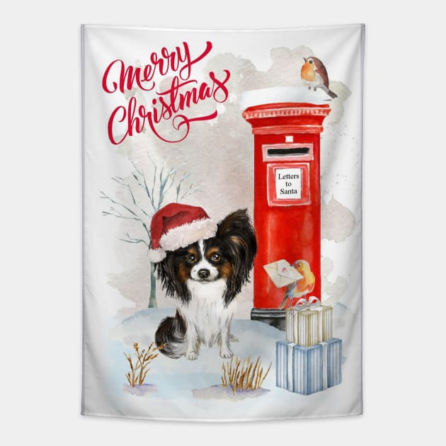 Black And White Papillon Merry Christmas Santa Dog Tapestry by Puppy Eyes