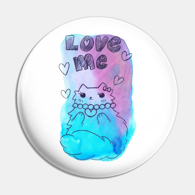 Love Me Fluffy Watercolor Cat Pin by saradaboru