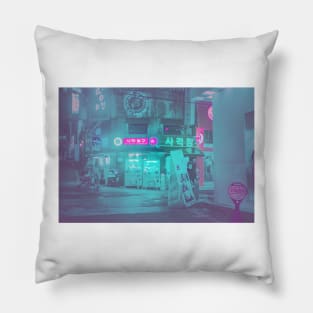 Seoul City Streets Hazy Neon Corner Pillow