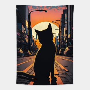 Black Kitty In The City At Sunset Tapestry