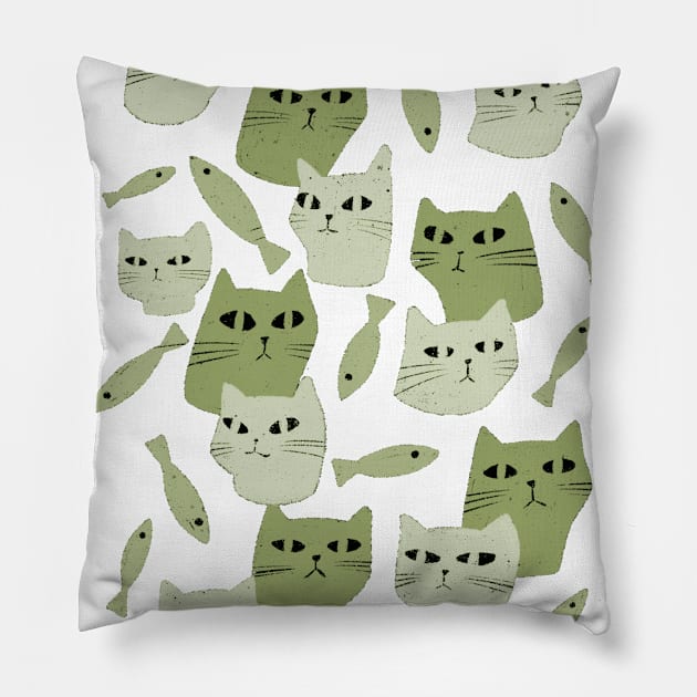 Strange green cats with black eyes and green fish Pillow by iulistration