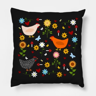 Chickens in the Garden with Sunflowers, Daisies, Dahlias, Hearts, and Mushrooms Pillow