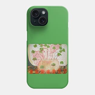 green flowers in a flower pot on a table. Phone Case