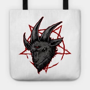 Black Baphomet Goat Head over Red Pantagram Tote