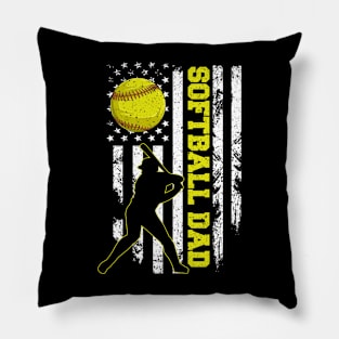 Softball Dad Cute Baseball American Flag Fathers Day Vintage Pillow