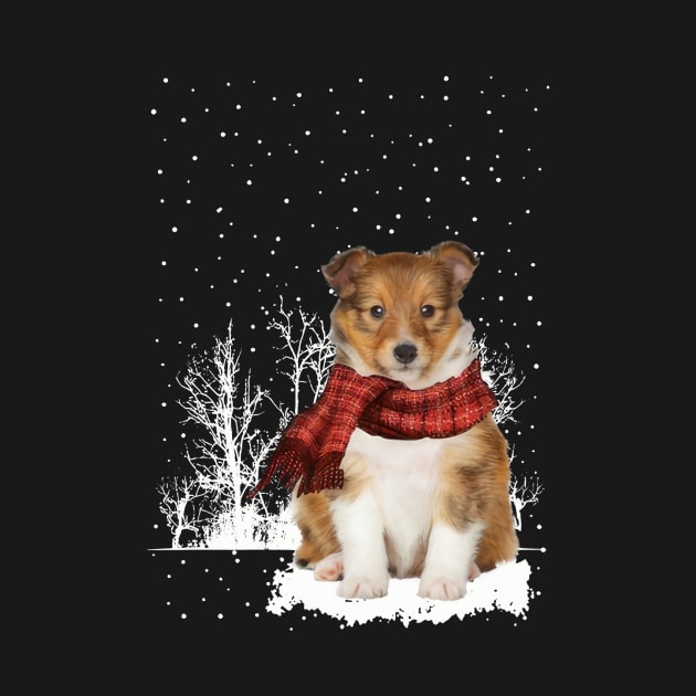 Christmas Shetland Sheepdog With Scarf In Winter Forest by Mhoon 