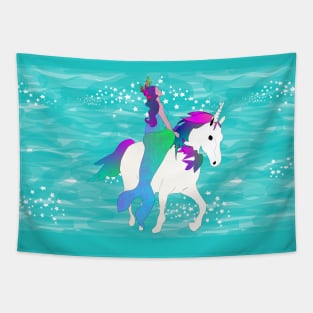 Mermaid on Unicorn on Sparkling Waves Teal Tapestry