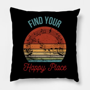 Musical Harmony: Silhouette of Musical Notes Against a Retro Sunset Pillow